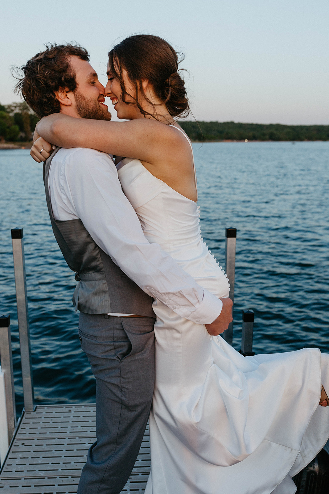 bride and groom on lake minnewaska at Lakeside Ballroom in Glenwood MN